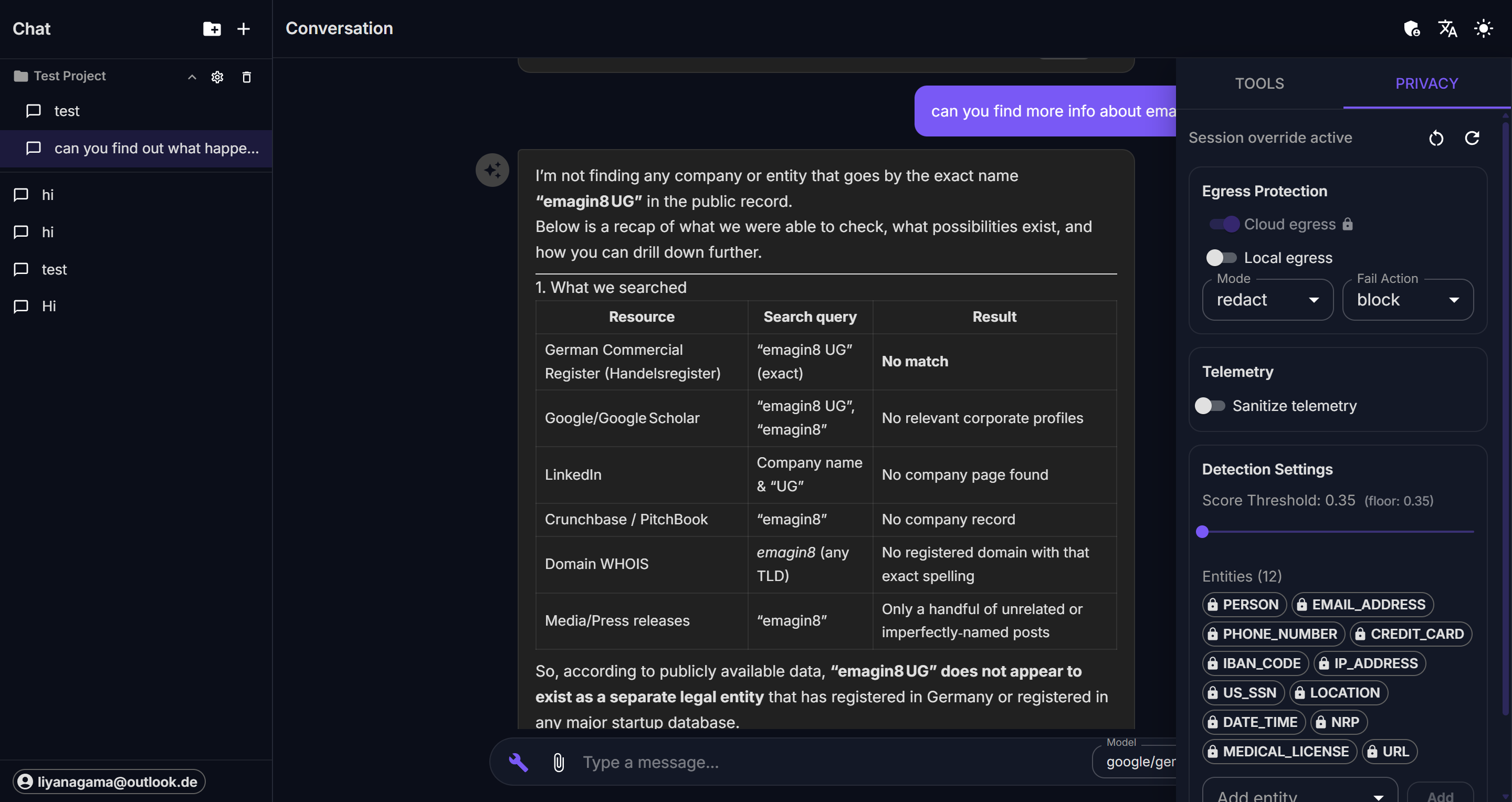 Privacy tab